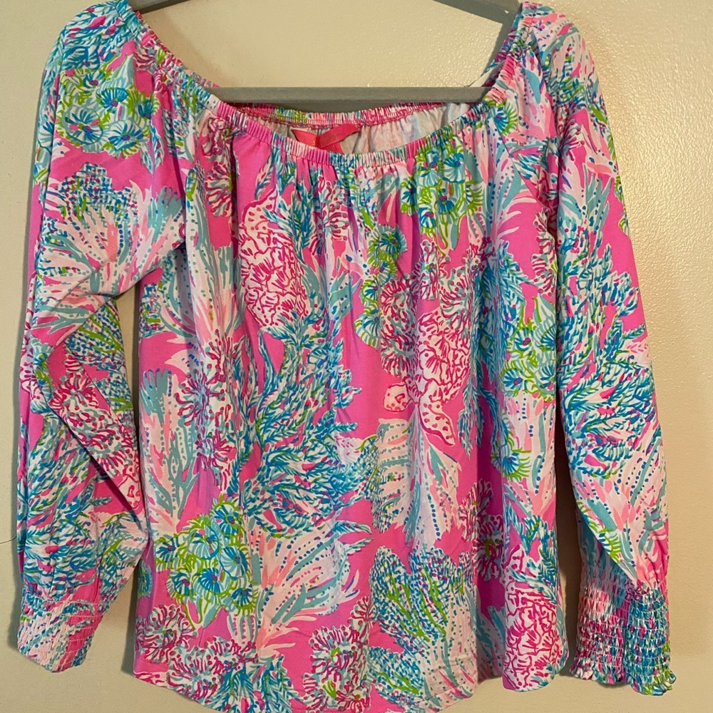 Lilly Pulitzer Pink and Blue Ruffled Long Sleeve Blouse